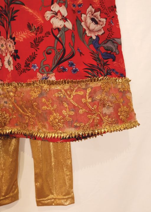 2 Pc Red & Gold Floral long dress with Gold tights