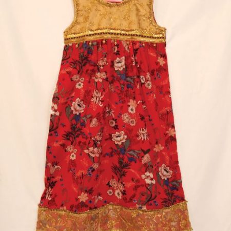 2 Pc Red & Gold Floral long dress with Gold tights