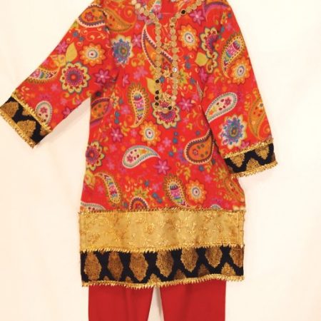 2 Pc Red Funky Paisley Shirt with Red Shalwar