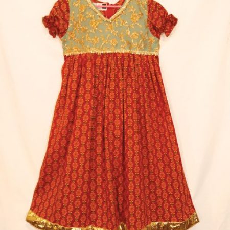 2 Pc Rust-Aqua & Gold Long dress with Gold tights (10-11 Y)