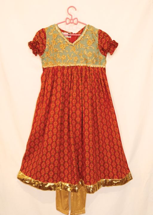2 Pc Rust-Aqua & Gold Long dress with Gold tights (10-11 Y)