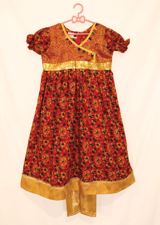 2 Pc Copper & Gold Floral long dress with Gold tights