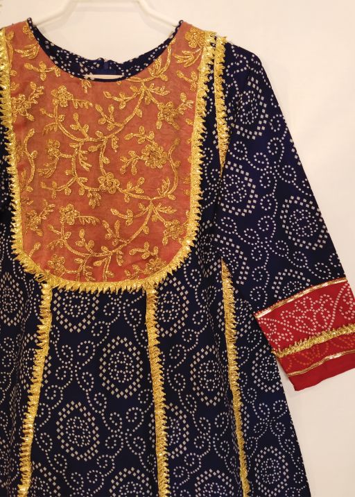 2 Pc Blue-Pink Chunri Print panel style Gota shirt & Gold Tights