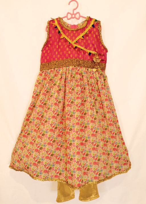 2 Pc Peach & Pink Anarkali Long Dress with Gold Tights