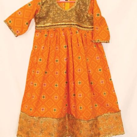 2 Pc Orange & Gold Long dress with Gold Tights