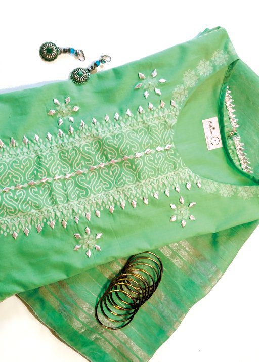 2 Pc Green Block Print & Gota Embroidery Kurta & Chand Dupatta (L)