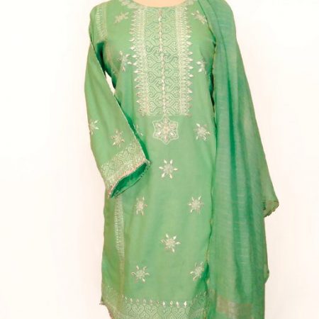 2 Pc Green Block Print & Gota Embroidery Kurta & Chand Dupatta (L)