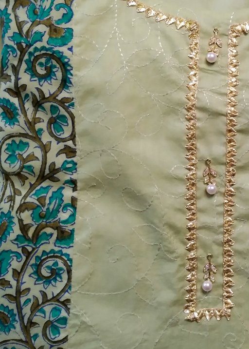 Green Summer Block Print & Embroidery Panel Kurta (M)7_1
