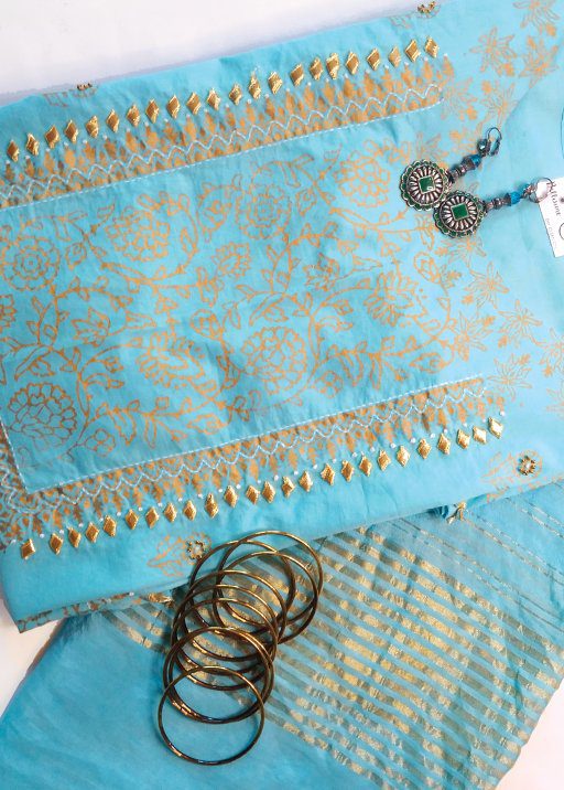 2 Pc Light Blue Block Print & Gota Embroidery Kurta & Chand Dupatta (L)