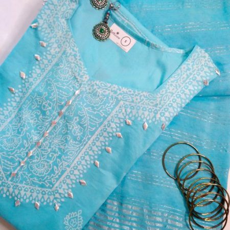 2 Pc Light Blue Block Print & Gota Embroidery Kurta & Chand Dupatta (S)