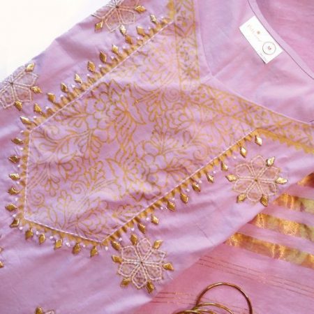 2 Pc Lilac Block Print & Gota Embroidery Kurta & Chand Dupatta (M)