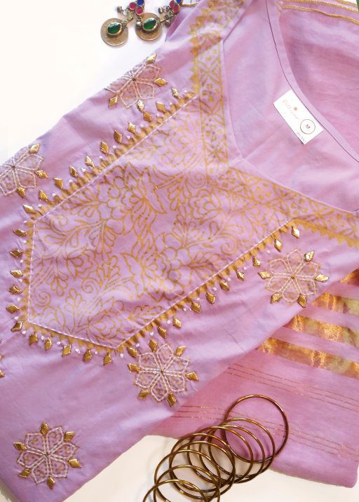 2 Pc Lilac Block Print & Gota Embroidery Kurta & Chand Dupatta (M)