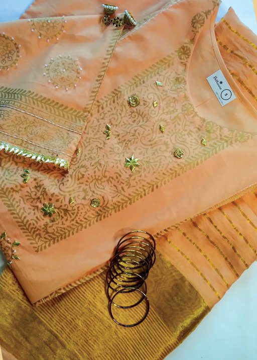 2 Pc Peach Block Print & Gota Embroidery Kurta & Chand Dupatta (S)