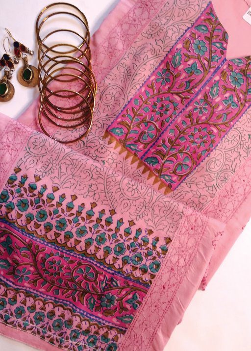 Pink Paisley Block Print & Embroidery Kurta (S)