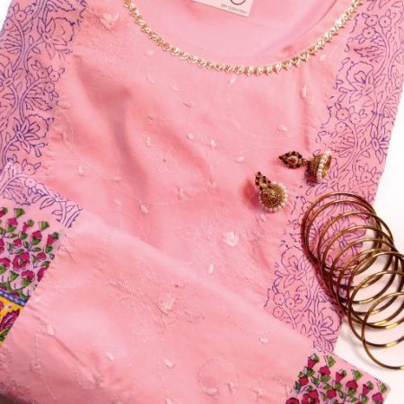 Pink Summer Block Print & Embroidery Panel Kurta (M)4_feature