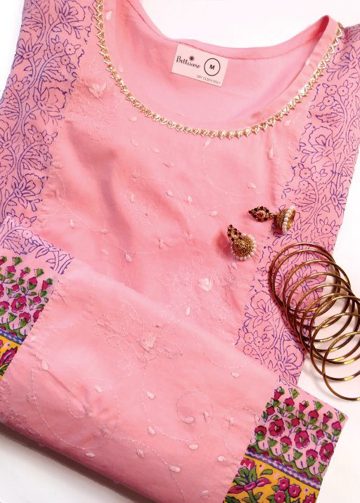 Pink Summer Block Print & Embroidery Panel Kurta (M)4_feature