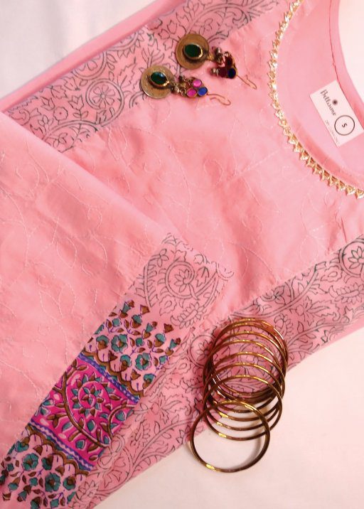 Pink Summer Block Print & Embroidery Panel Kurta (S)