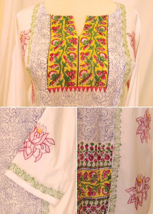 White Lotus Block Print & Embroidery Kurta (L)
