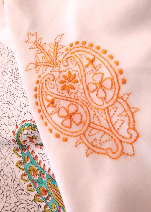 White Paisley Block Print & Embroidery Kurta (M)