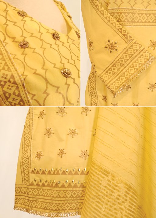 2 Pc Yellow Block Print & Gota Embroidery Kurta & Chand Dupatta (S)